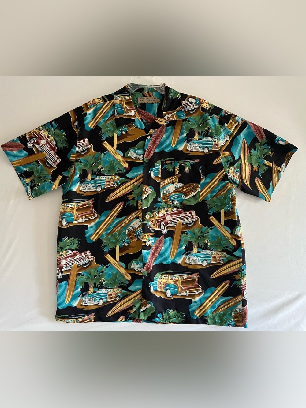 International Trading Woody Station Wagon Surfboard Hawaiian Camp Shirt L